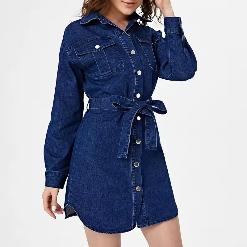 Custom Drop Shoulder Long Sleeve Belt Elegant Custom Casual Dresses Natural Woven short Women Denim Dress