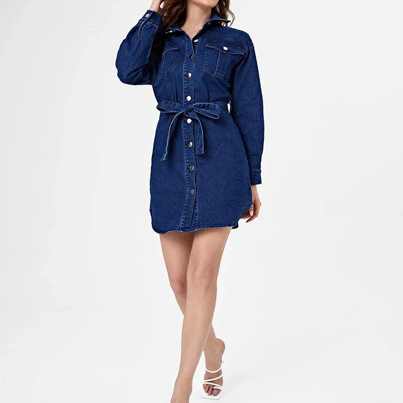 Custom Drop Shoulder Long Sleeve Belt Elegant Custom Casual Dresses Natural Woven short Women Denim Dress