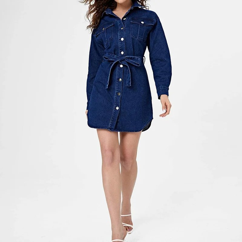 Custom Drop Shoulder Long Sleeve Belt Elegant Custom Casual Dresses Natural Woven short Women Denim Dress