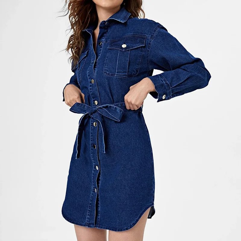 Custom Drop Shoulder Long Sleeve Belt Elegant Custom Casual Dresses Natural Woven short Women Denim Dress