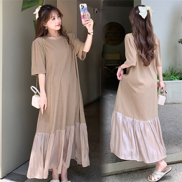 2023 Summer Korean Long Tee Dress Casual Blank Beach Boho Maternity Ankle T Shirts Patchwork Ruffled Maxi Dresses For Womens