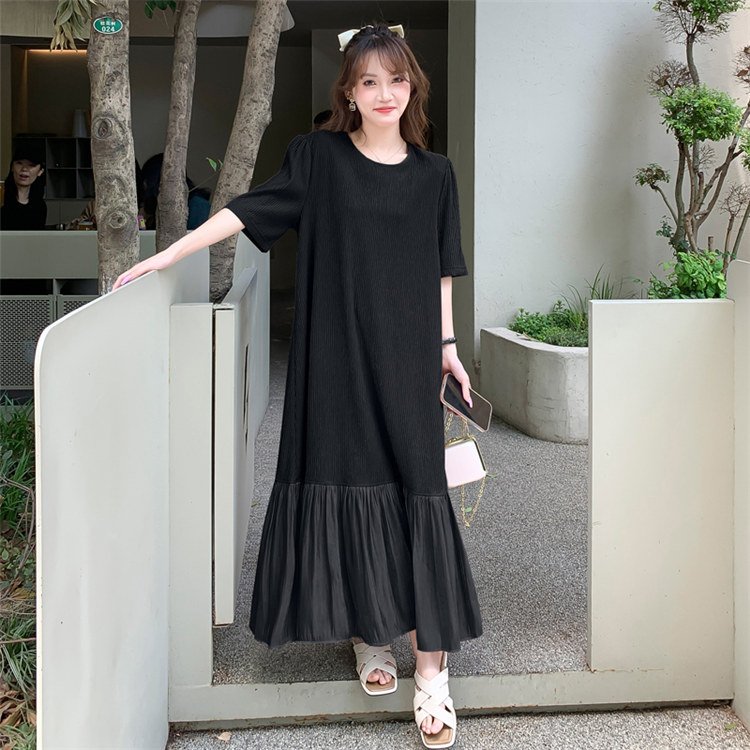 2023 Summer Korean Long Tee Dress Casual Blank Beach Boho Maternity Ankle T Shirts Patchwork Ruffled Maxi Dresses For Womens