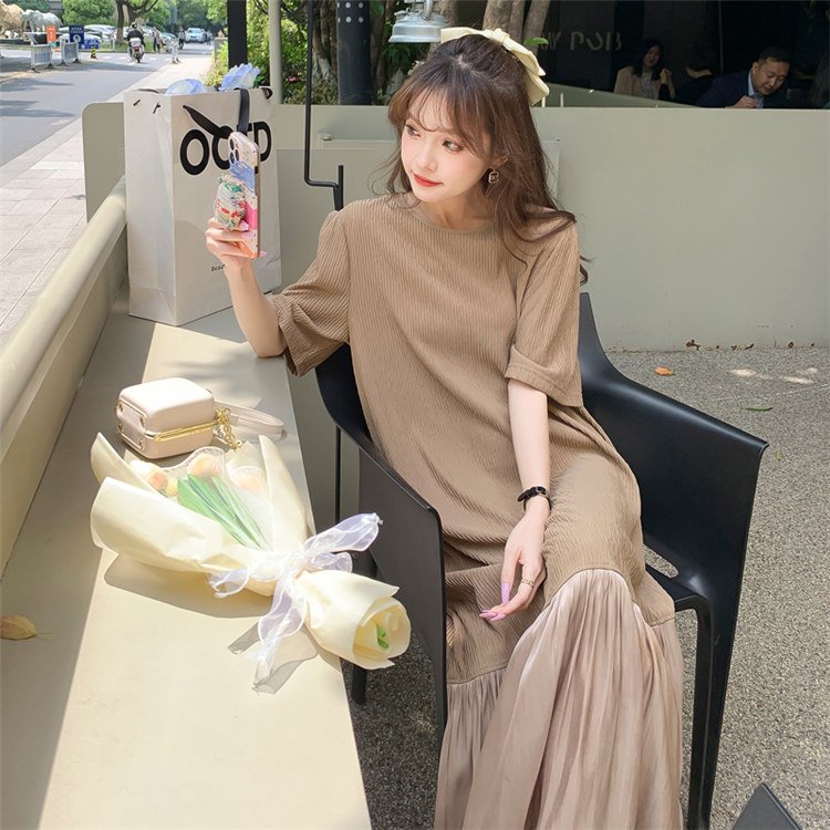 2023 Summer Korean Long Tee Dress Casual Blank Beach Boho Maternity Ankle T Shirts Patchwork Ruffled Maxi Dresses For Womens