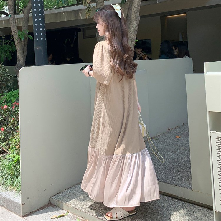 2023 Summer Korean Long Tee Dress Casual Blank Beach Boho Maternity Ankle T Shirts Patchwork Ruffled Maxi Dresses For Womens