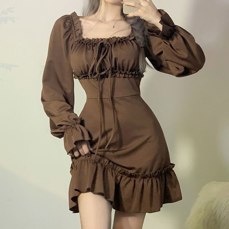 fashion wholesale ladies dress elegant Brown Retro Square Neck Dress for Woman customized lace Puff Sleeve women casual dresses