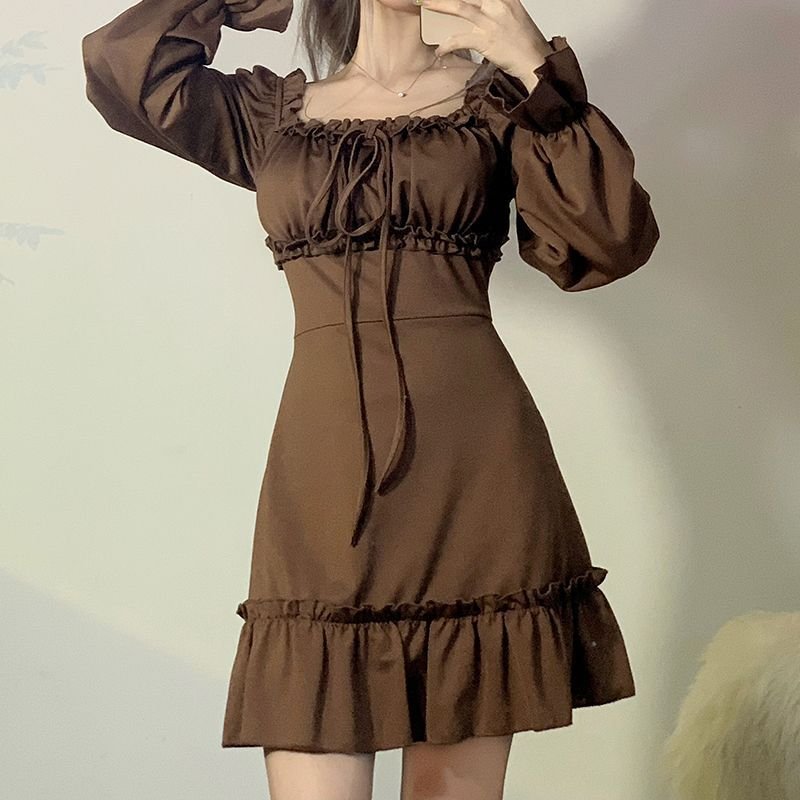 fashion wholesale ladies dress elegant Brown Retro Square Neck Dress for Woman customized lace Puff Sleeve women casual dresses