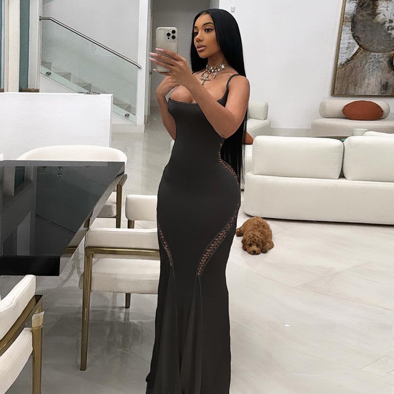 Peeqi K24D43225 new elegant Spring low cut cami sleeveless hollow out dress package hip bodycon sexy maxi dress for women lady