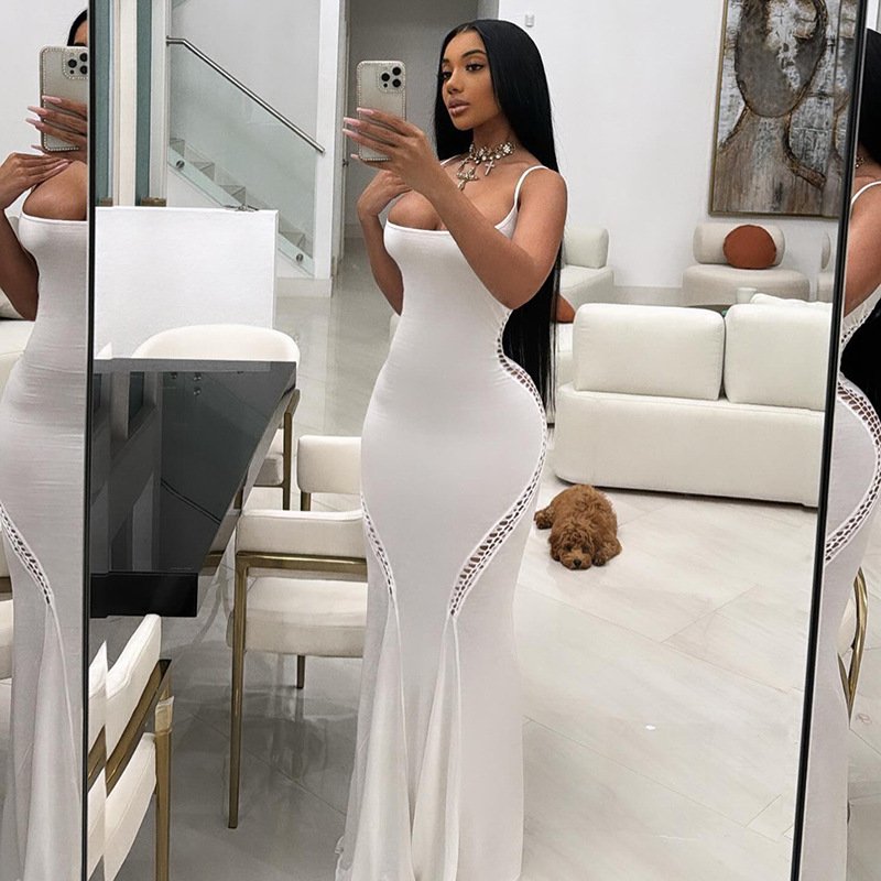 Peeqi K24D43225 new elegant Spring low cut cami sleeveless hollow out dress package hip bodycon sexy maxi dress for women lady