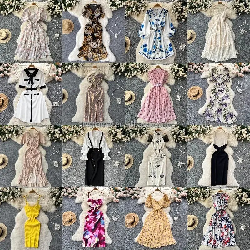 Low price wholesale floral mid length dresses for women's temperament and fashion summer casual V-neck short sleeved dresses