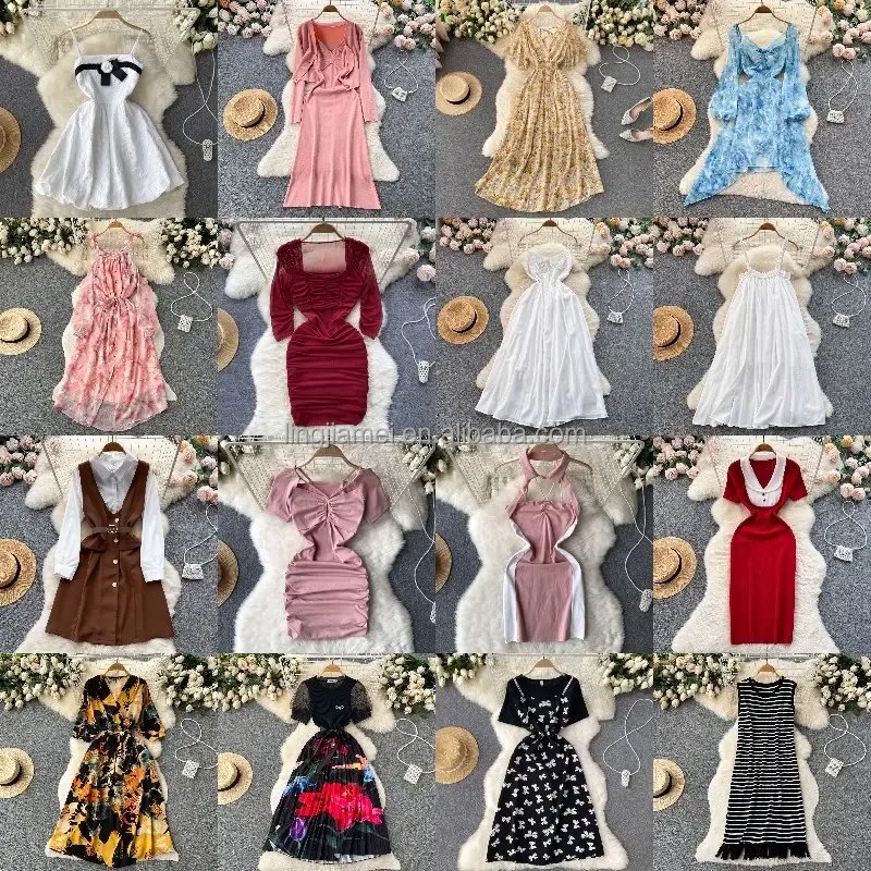 Low price wholesale floral mid length dresses for women's temperament and fashion summer casual V-neck short sleeved dresses
