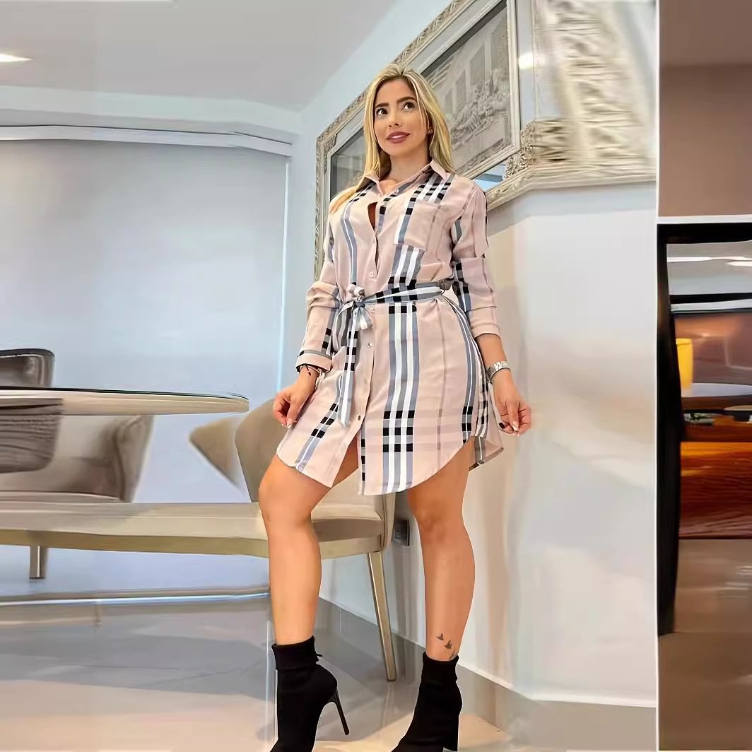 Spring and Autumn Women Casual Dress Plaid Print S to 2XL Designer Brand Blouse Dresses with Belt