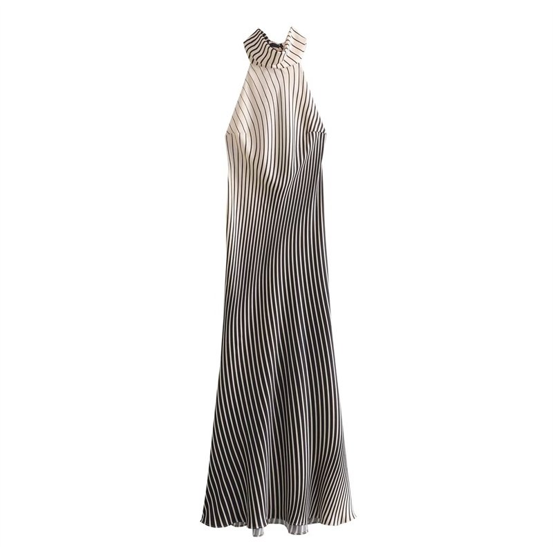 TAOP&ZA Summer New Women's Clothing 2024 Loose Satin Textured Striped Halter Sexy Backless Casual Dress 3142009 8342205