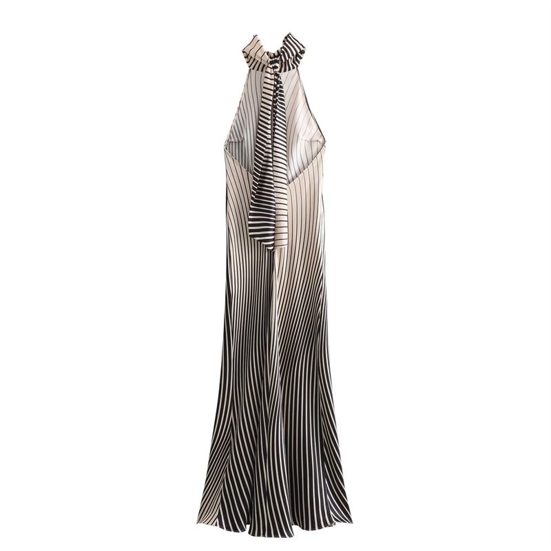 TAOP&ZA Summer New Women's Clothing 2024 Loose Satin Textured Striped Halter Sexy Backless Casual Dress 3142009 8342205