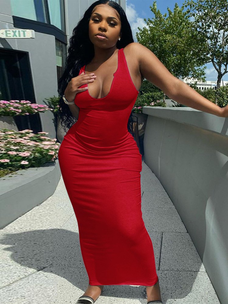 Plus Size Bodycon Sleeveless Long Dresses Women Solid Color Outfits Casual Maxi Dress