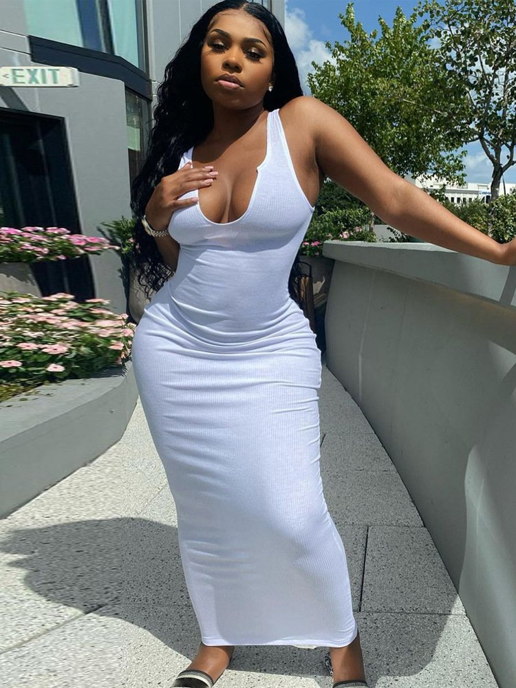 Plus Size Bodycon Sleeveless Long Dresses Women Solid Color Outfits Casual Maxi Dress