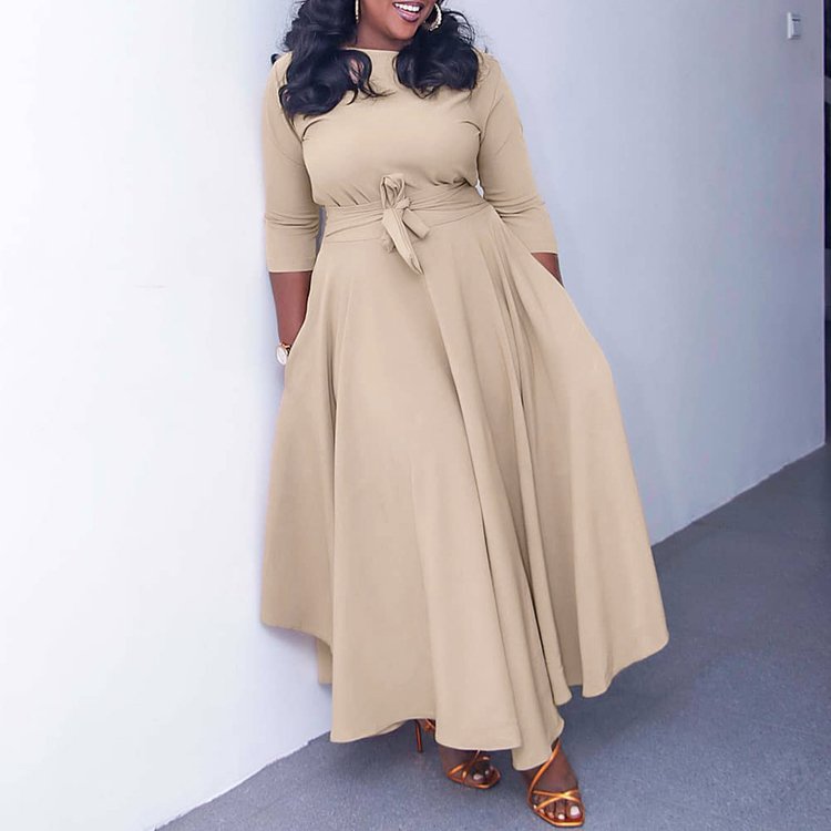 New Style Plus Size Solid Color Long Sleeve Office Belted Maxi Ladies Party Dress Elegant African Woman Casual Dresses