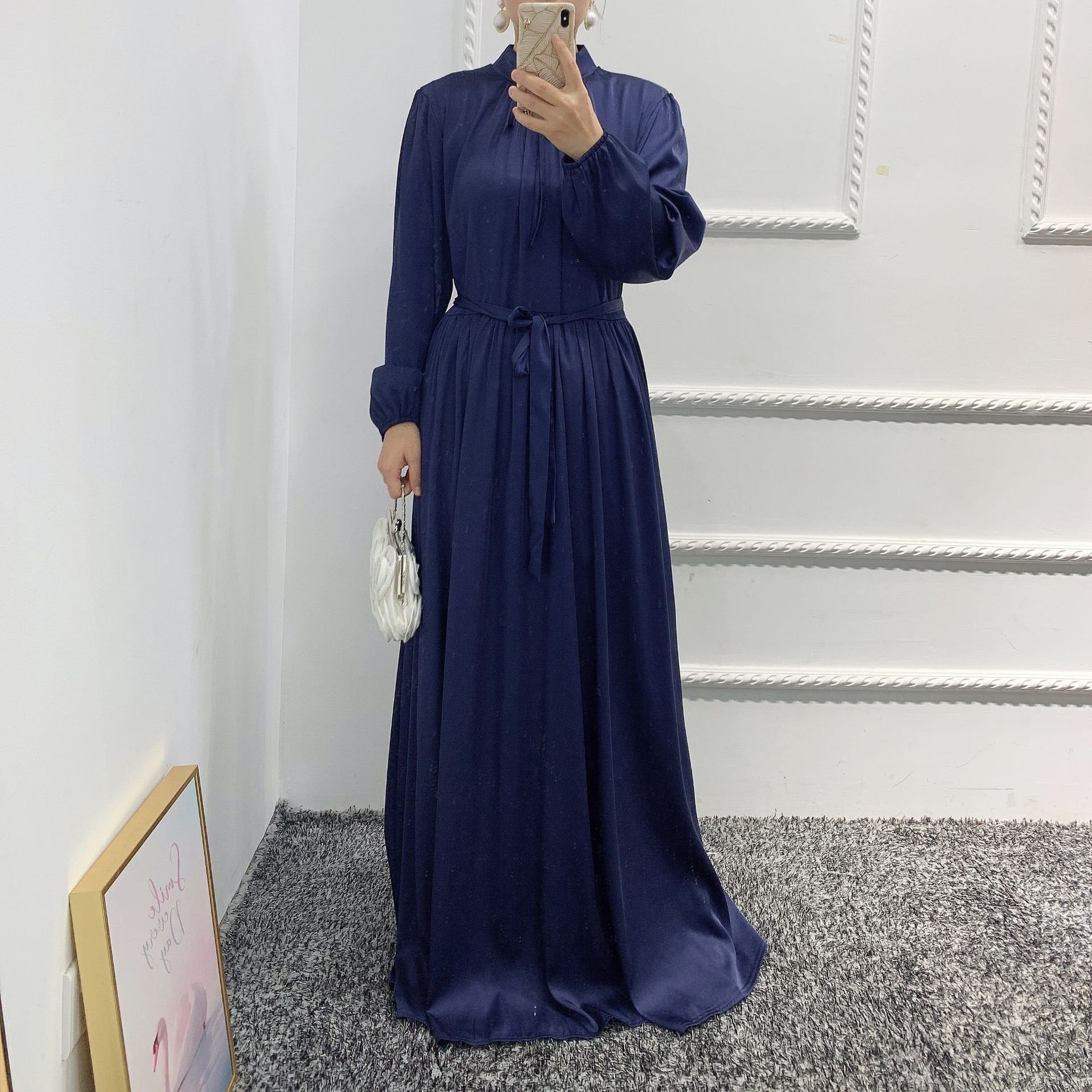Wholesale clothing dubai high quality clothes women satin dress muslim Design Casual Solid Color High Waist Muslim Maxi Dress