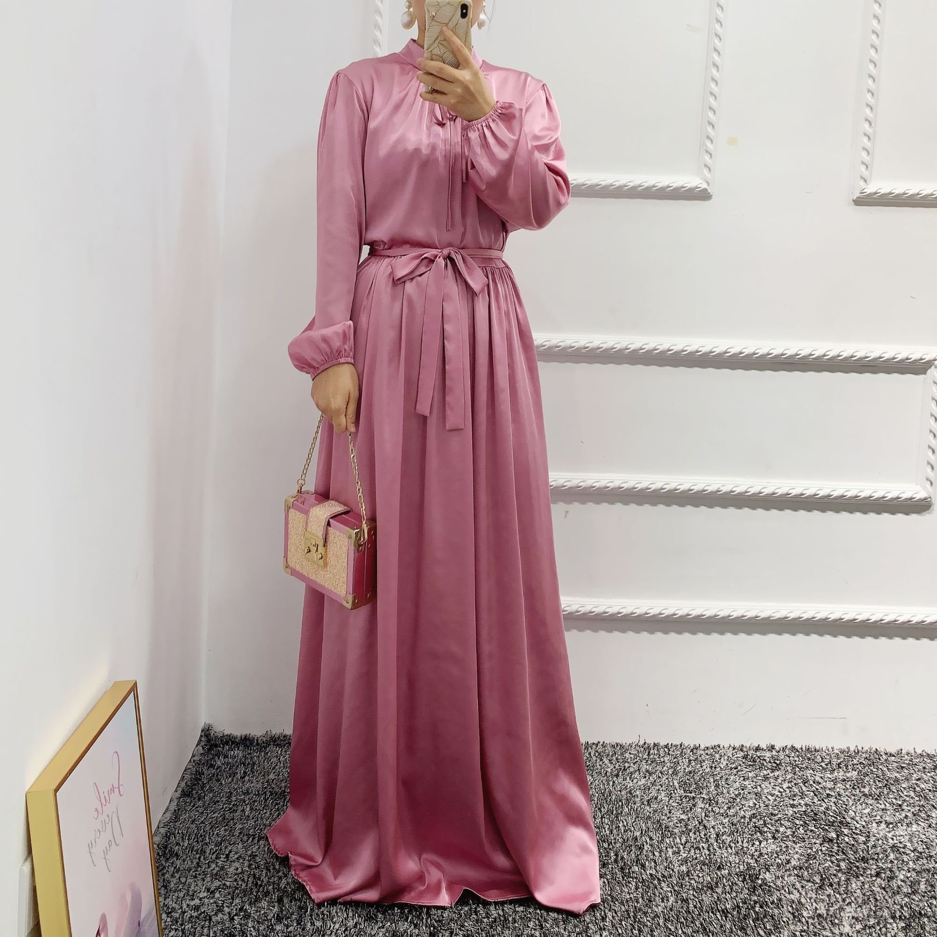 Wholesale clothing dubai high quality clothes women satin dress muslim Design Casual Solid Color High Waist Muslim Maxi Dress