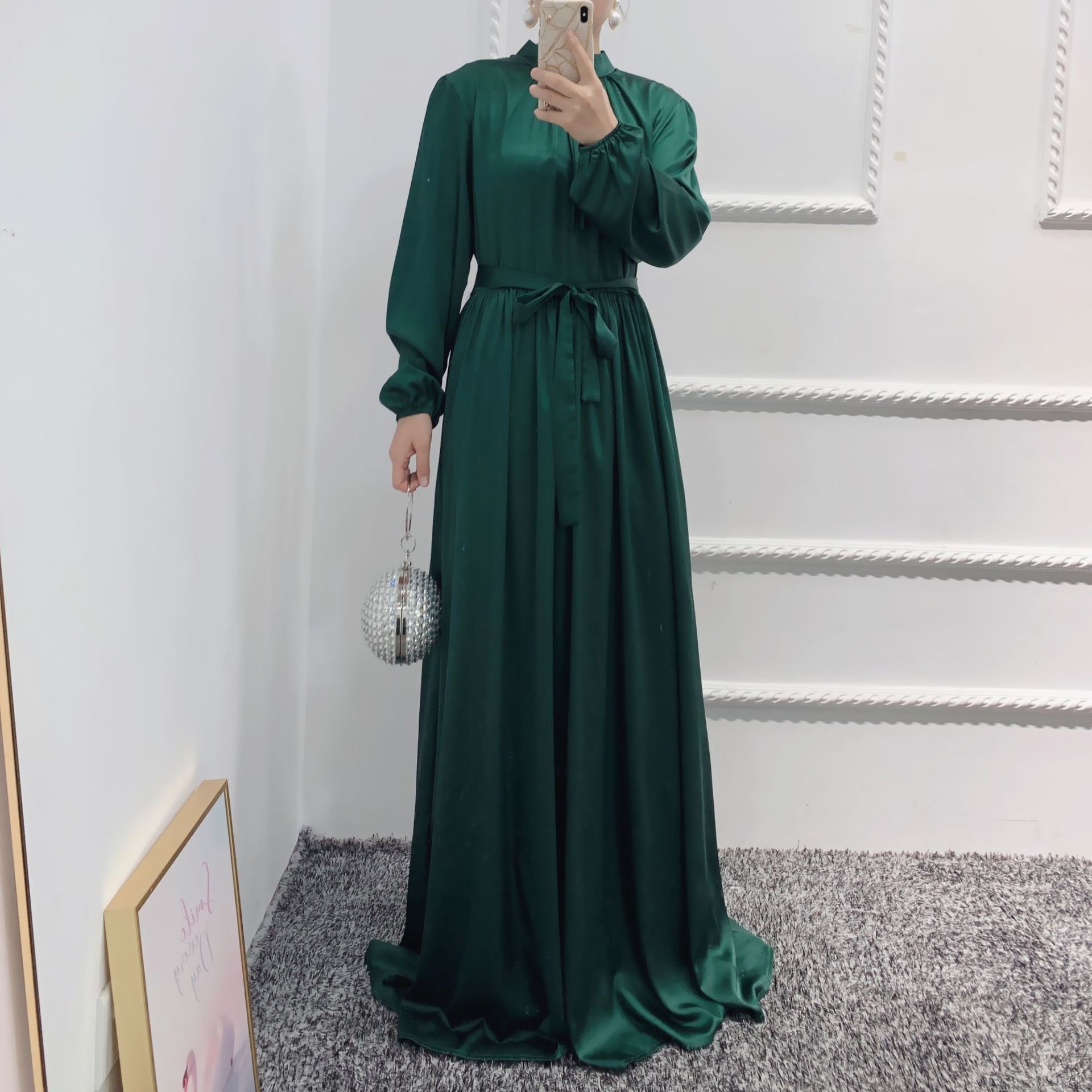 Wholesale clothing dubai high quality clothes women satin dress muslim Design Casual Solid Color High Waist Muslim Maxi Dress