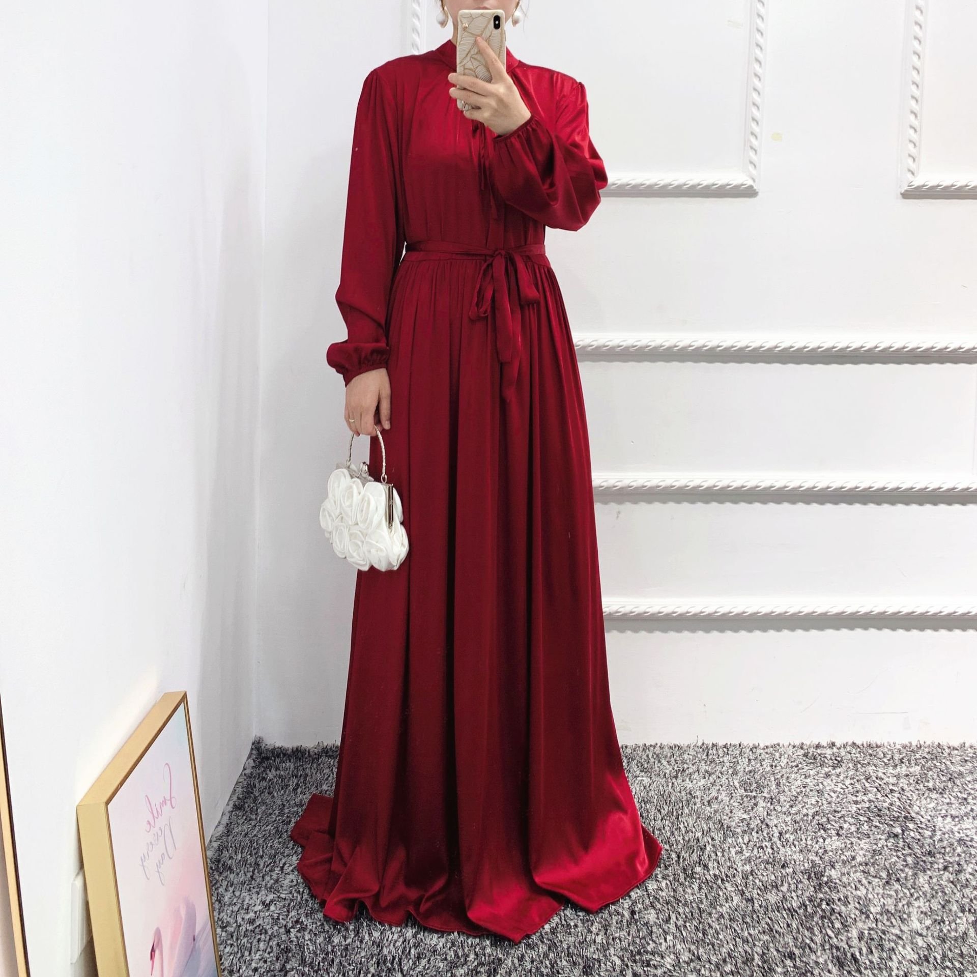 Wholesale clothing dubai high quality clothes women satin dress muslim Design Casual Solid Color High Waist Muslim Maxi Dress