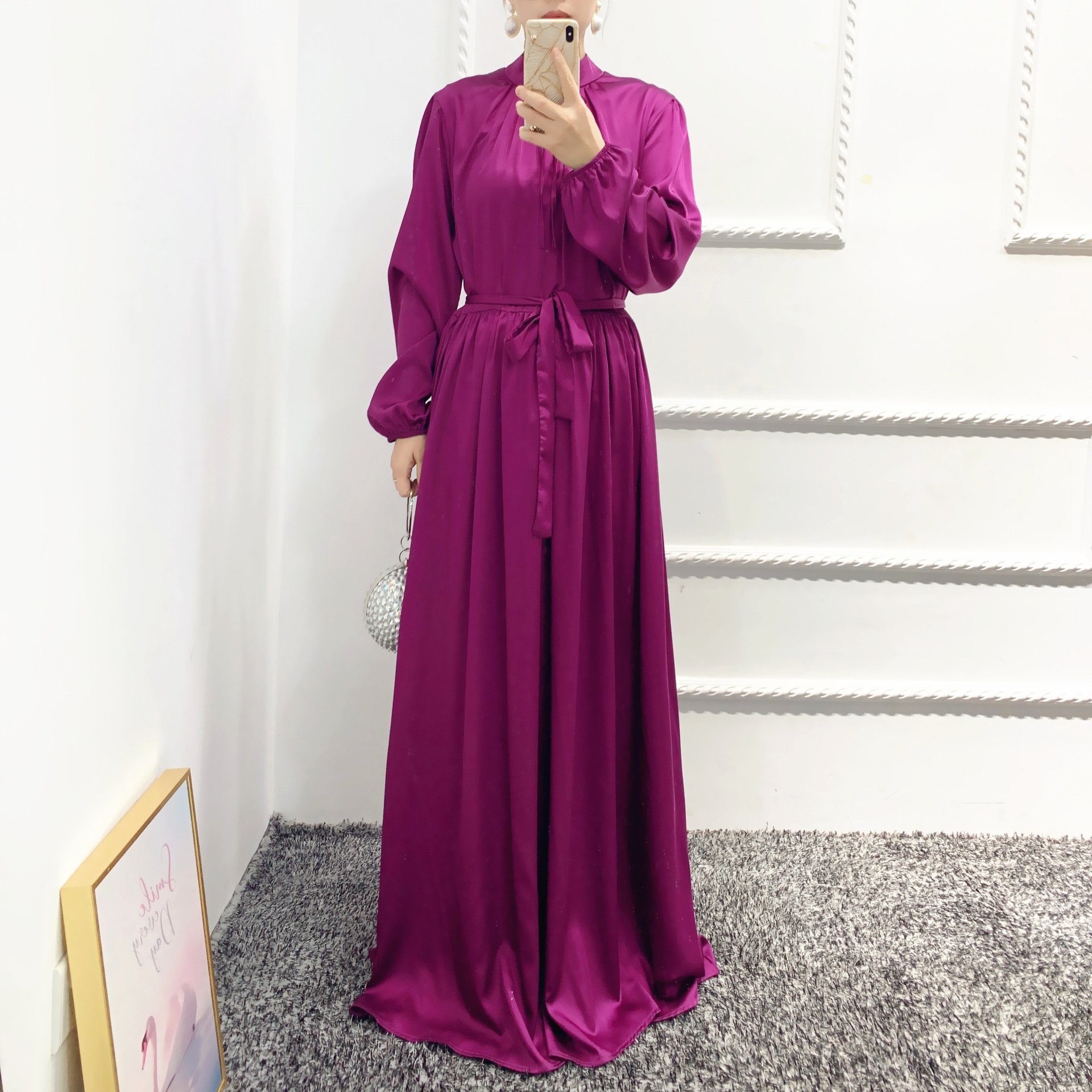 Wholesale clothing dubai high quality clothes women satin dress muslim Design Casual Solid Color High Waist Muslim Maxi Dress