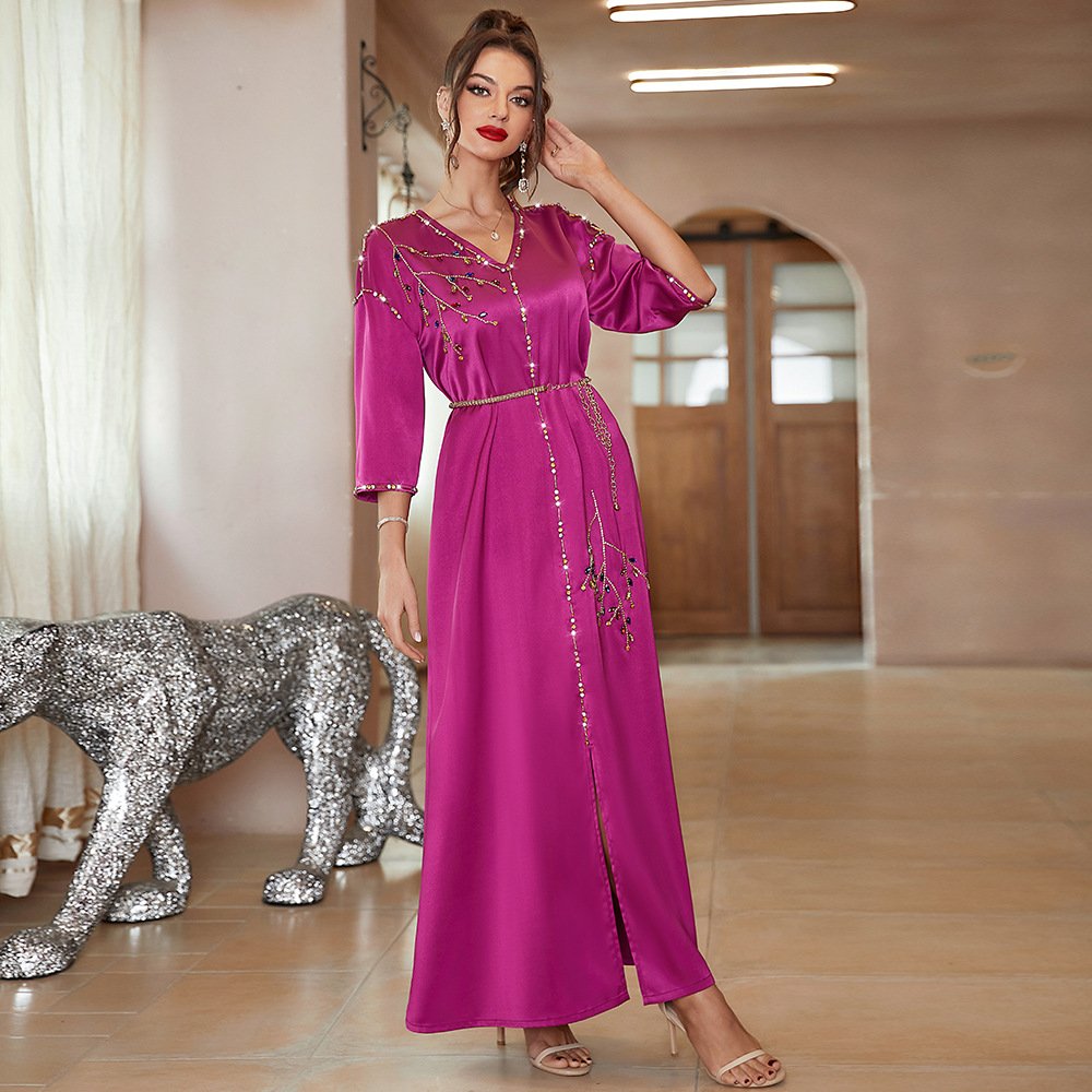 SIPO Abayas Musulmane Islamic Clothing Casual Dresses Party Dress Borqa Ladies V-Neck Slim Elegant High-end Satin Spilt Kimono