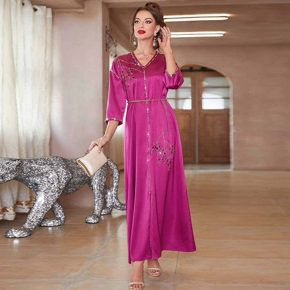 SIPO Abayas Musulmane Islamic Clothing Casual Dresses Party Dress Borqa Ladies V-Neck Slim Elegant High-end Satin Spilt Kimono