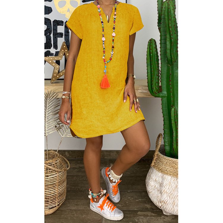 New design 2024 spring clothes women Solid color Loose V neck stylish sexy linen dress casual dresses