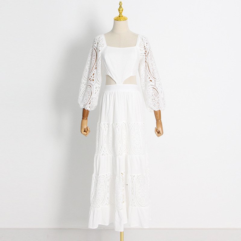 Elegante Vestidos Casuales Fashion Solid Long Dress Women's 2022 Autumn New Square Neck Puff Sleeve Lace Embroidery Dress