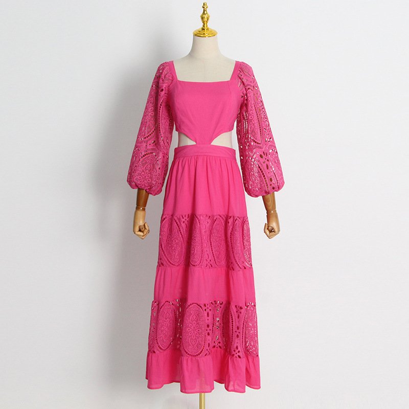 Elegante Vestidos Casuales Fashion Solid Long Dress Women's 2022 Autumn New Square Neck Puff Sleeve Lace Embroidery Dress