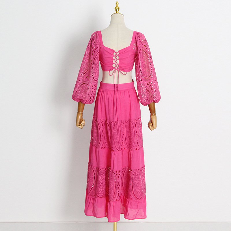 Elegante Vestidos Casuales Fashion Solid Long Dress Women's 2022 Autumn New Square Neck Puff Sleeve Lace Embroidery Dress