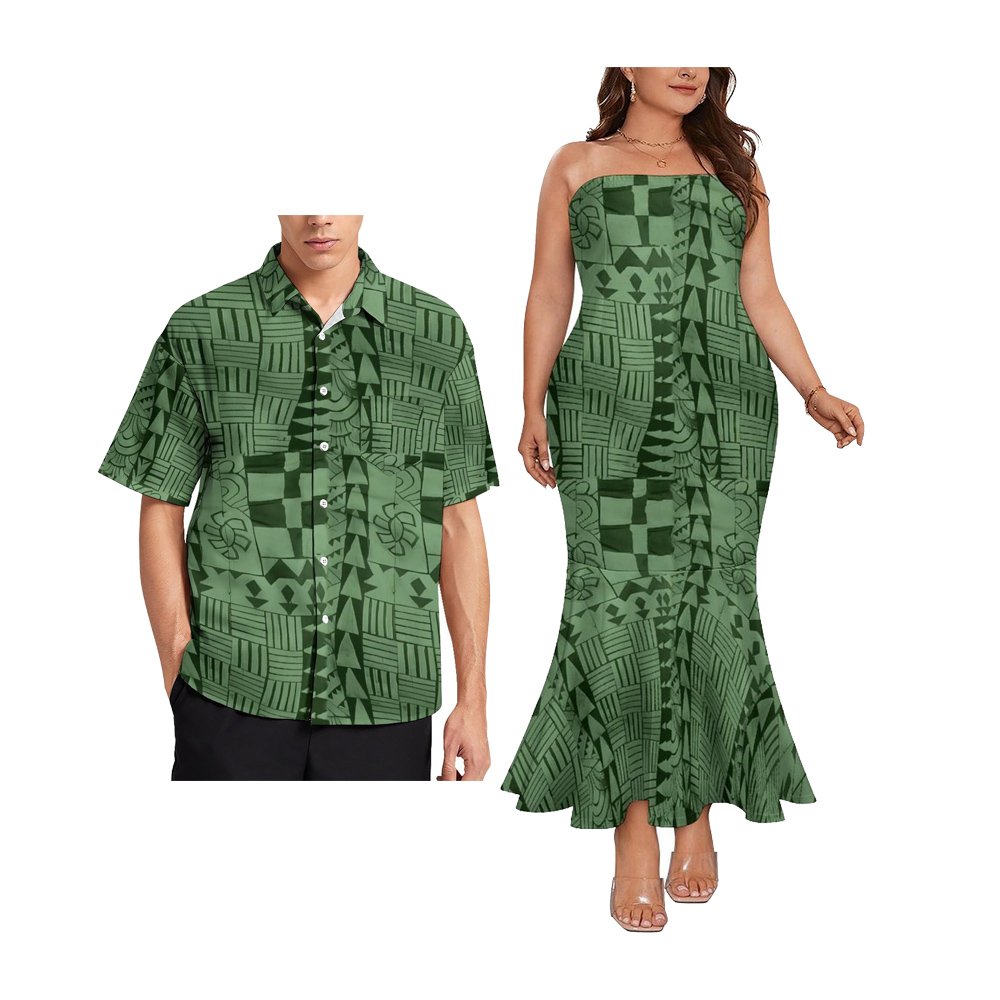 Polynesian Couple Of Sets Top Breast Fishtail Dress Low Price Custom Hawaiian Tropical Style Large Size Casual Couple Outfit