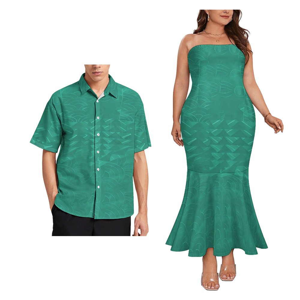 Polynesian Couple Of Sets Top Breast Fishtail Dress Low Price Custom Hawaiian Tropical Style Large Size Casual Couple Outfit