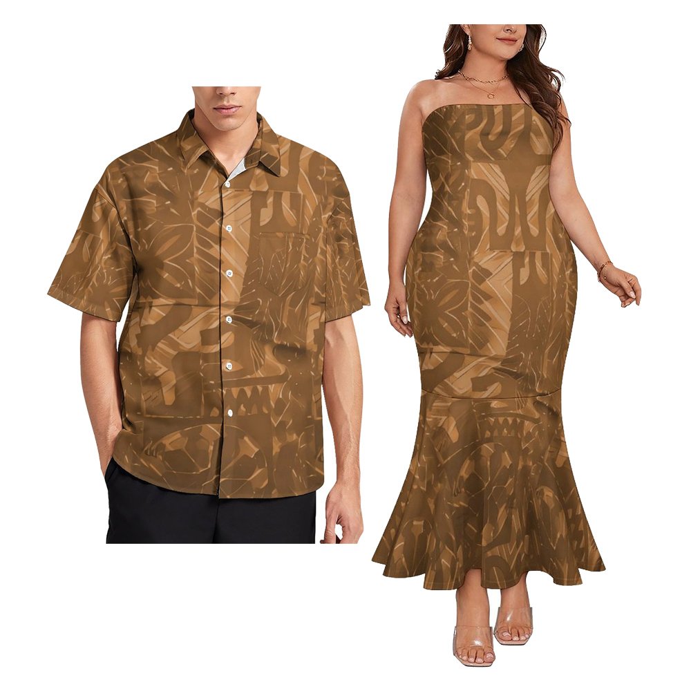 Polynesian Couple Of Sets Top Breast Fishtail Dress Low Price Custom Hawaiian Tropical Style Large Size Casual Couple Outfit