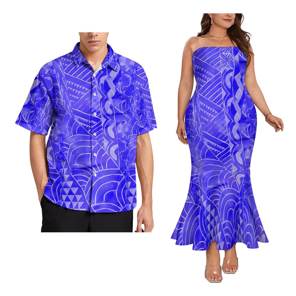 Polynesian Couple Of Sets Top Breast Fishtail Dress Low Price Custom Hawaiian Tropical Style Large Size Casual Couple Outfit