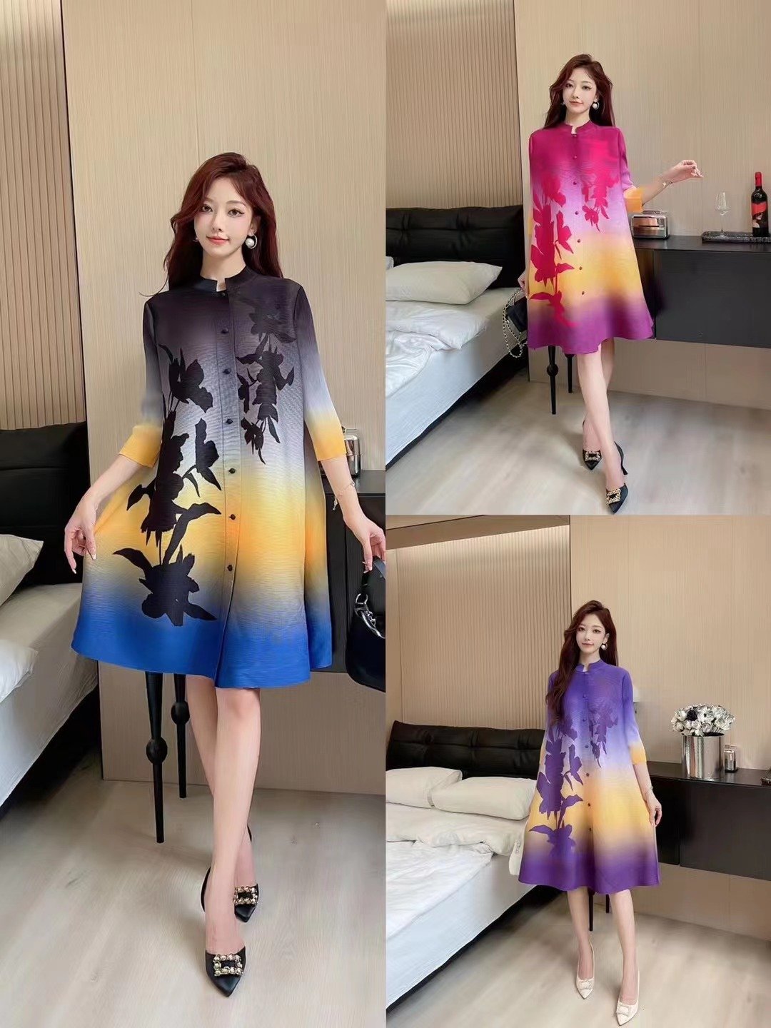 2023 Summer Pleats Miyake Plus Size Loose Size single breasted short sleeve temperament Easter Party Bouncing Casual Dress