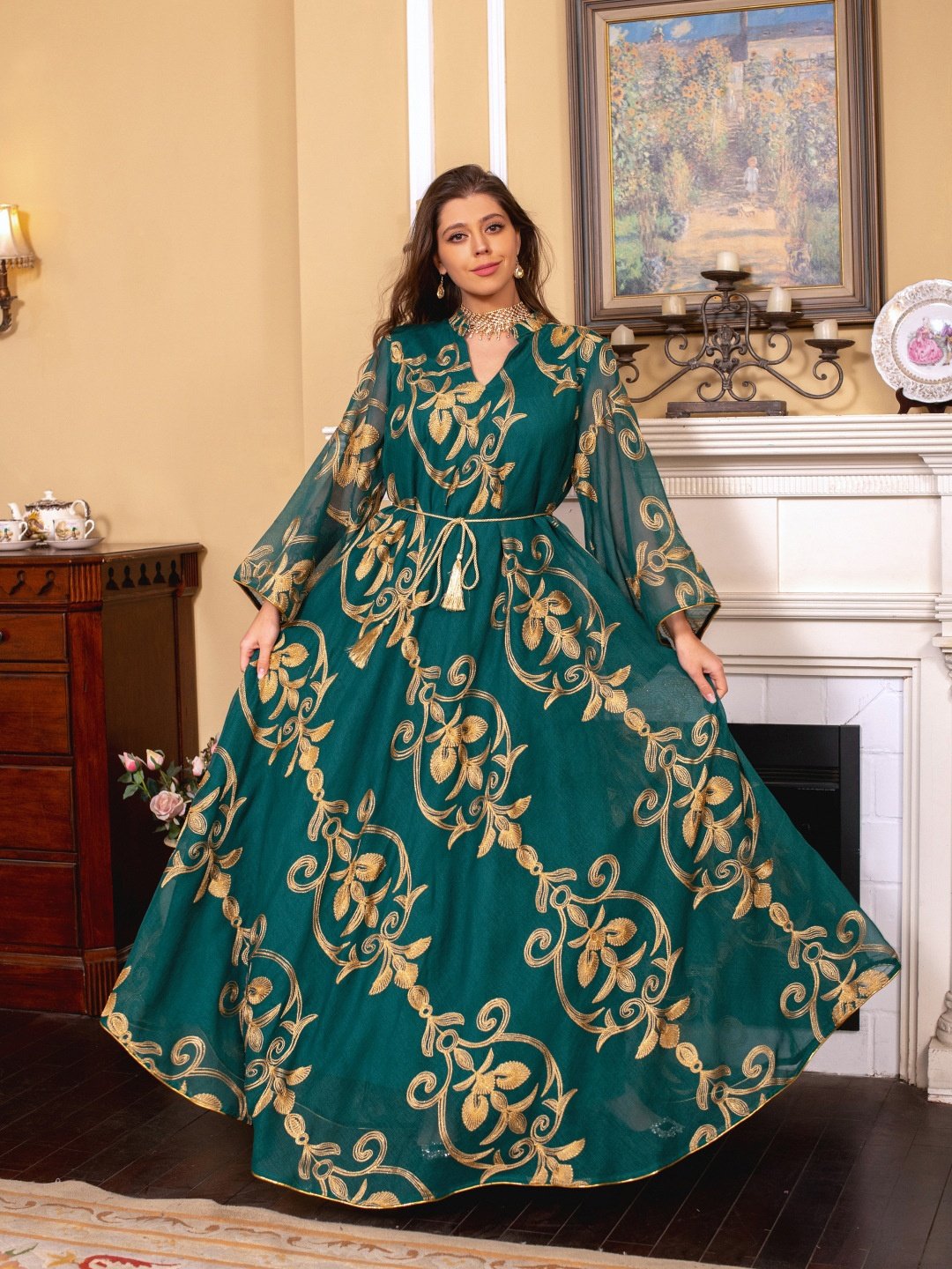 2024 High Quality Mesh Embroidery Abaya Dress Women Eid Ramadan Muslim Dubai Evening Dress Moroccan Kaftan Turkish Arabic Dress
