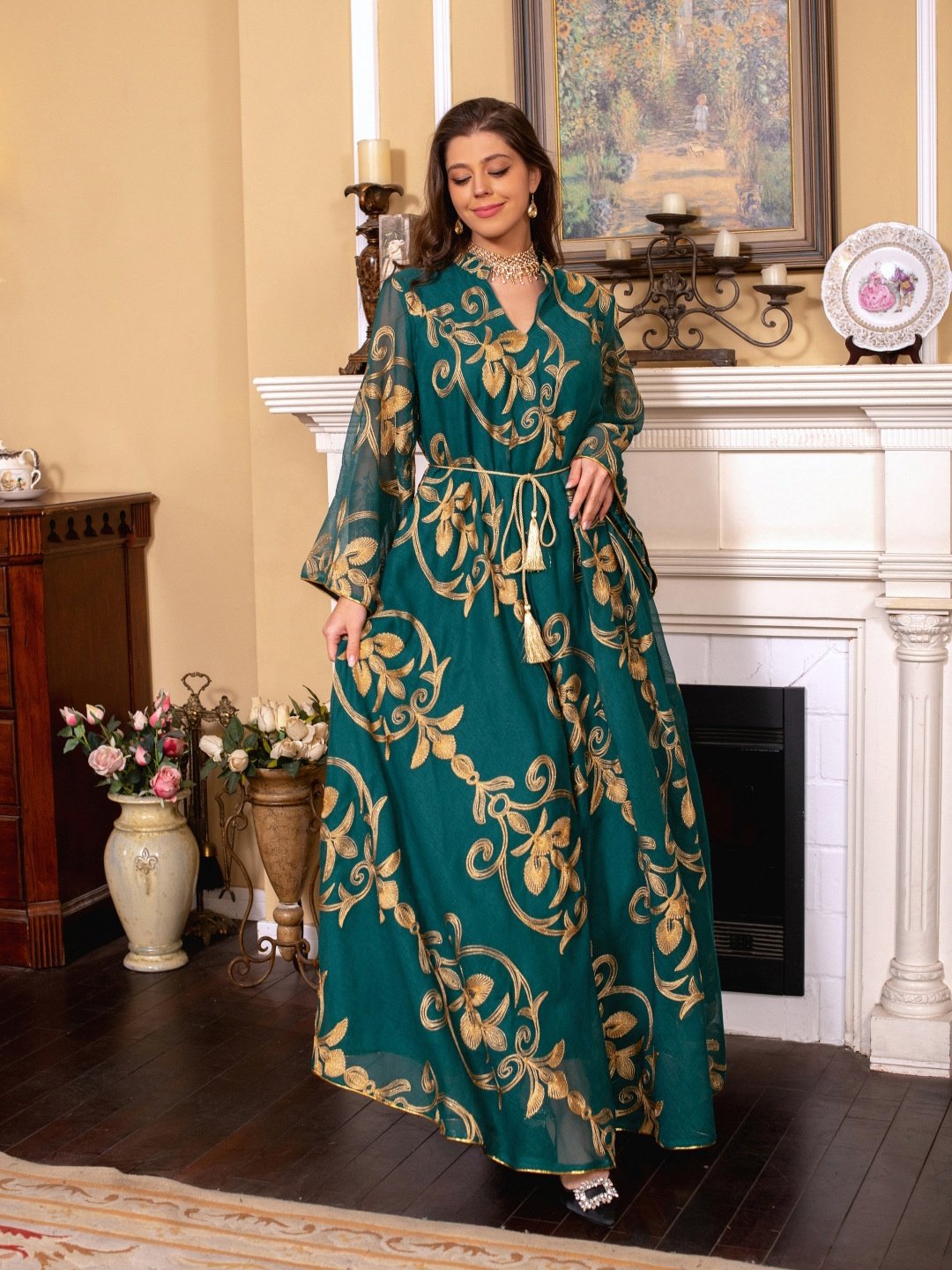2024 High Quality Mesh Embroidery Abaya Dress Women Eid Ramadan Muslim Dubai Evening Dress Moroccan Kaftan Turkish Arabic Dress