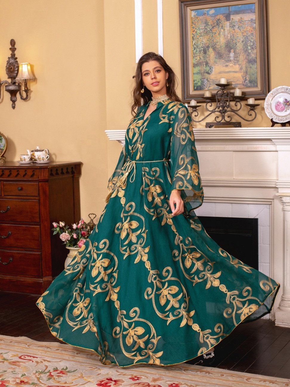 2024 High Quality Mesh Embroidery Abaya Dress Women Eid Ramadan Muslim Dubai Evening Dress Moroccan Kaftan Turkish Arabic Dress