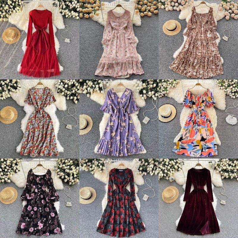 Digital Print Ladies Long Chiffon Dresses Elegant Vacation Women Dresses Floral Print Casual Dresses Stock