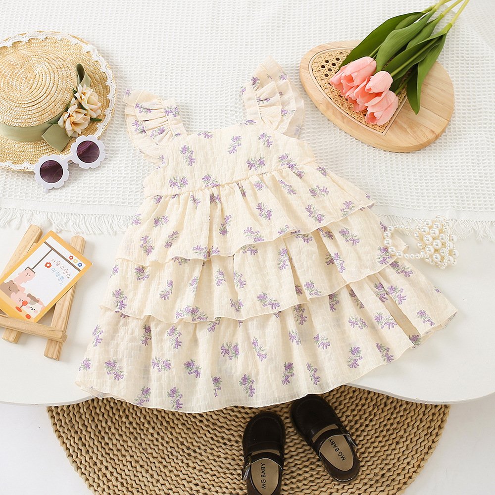 Summer Cute Sweet Girls' Fragmented Flower Dresses Fluffy Gauze Cake Ruffle Tulle Kids Princess Dress