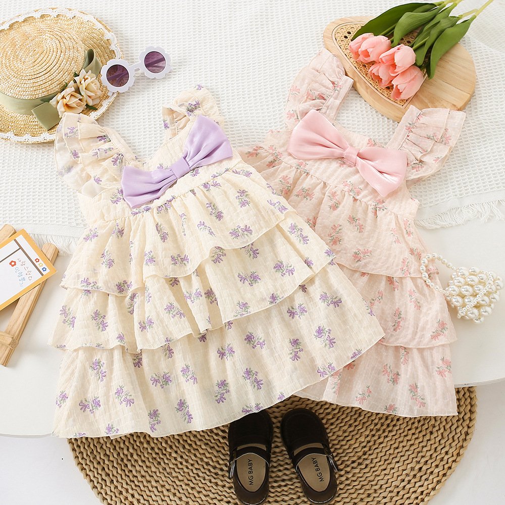Summer Cute Sweet Girls' Fragmented Flower Dresses Fluffy Gauze Cake Ruffle Tulle Kids Princess Dress