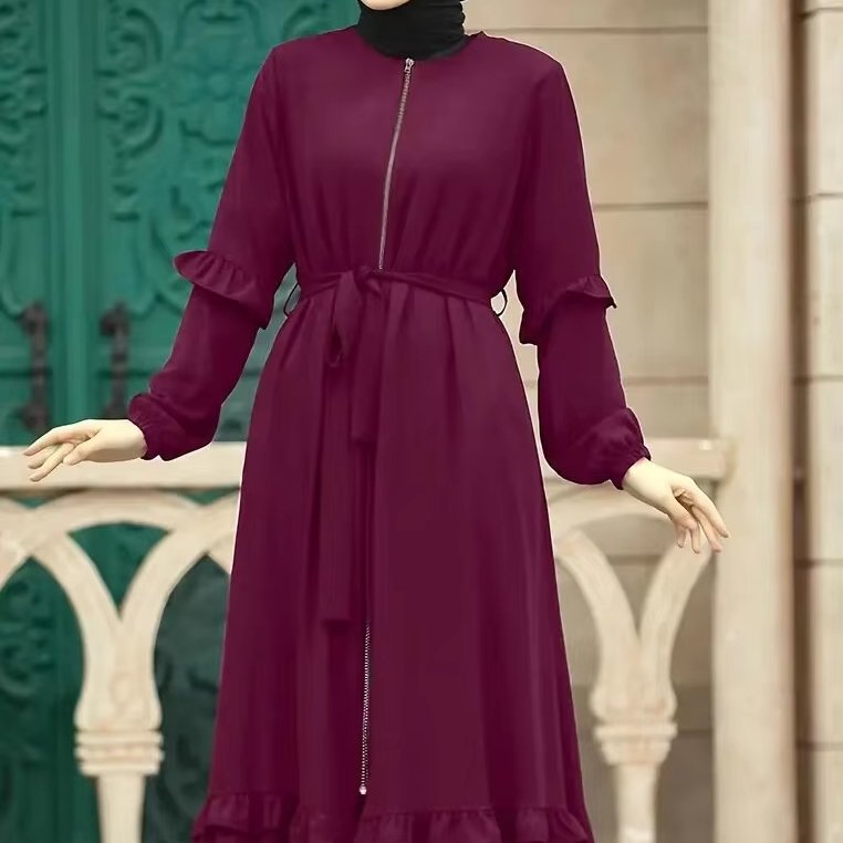 High Quality Crew Neck Zip Up Maxi Dubai MuslinmDresses Long-sleeved Casual Dress Solid Color Muslim Women's Abaya Dress