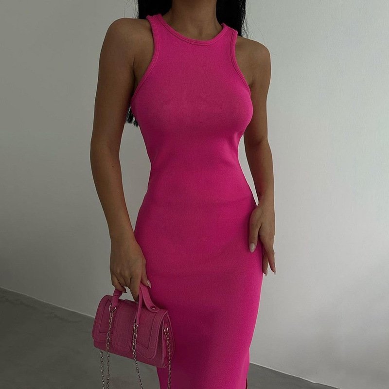 New Model Crew Neck Sleeveless Vest Sexy Split Knitted Dress Summer Elegant Slim Long Skirt Women