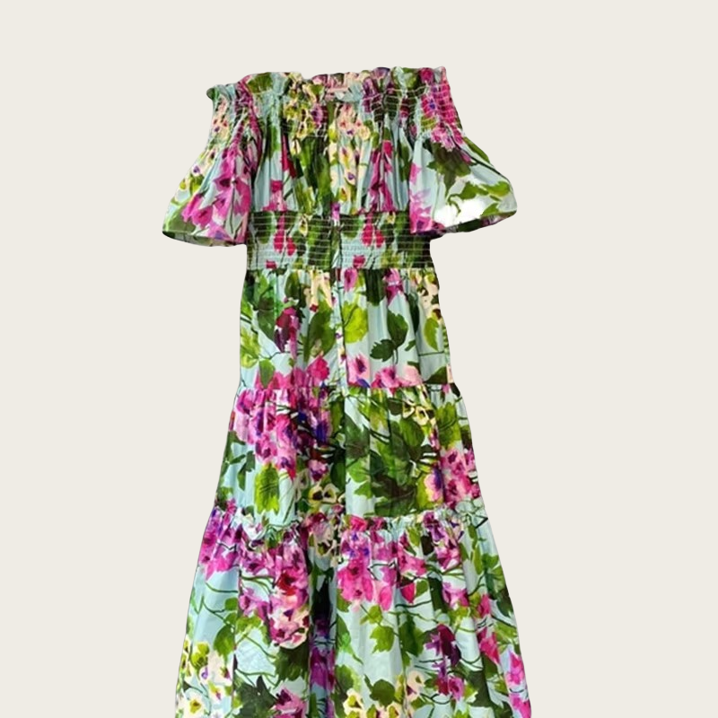 2024 Summer New Women's One-Shoulder Casual Dress Short-Sleeved Green Printing Breathable Large Size Dress