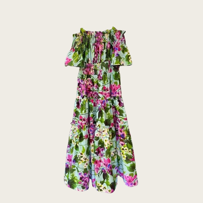 2024 Summer New Women's One-Shoulder Casual Dress Short-Sleeved Green Printing Breathable Large Size Dress