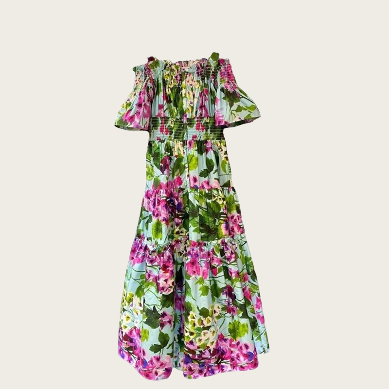 2024 Summer New Women's One-Shoulder Casual Dress Short-Sleeved Green Printing Breathable Large Size Dress