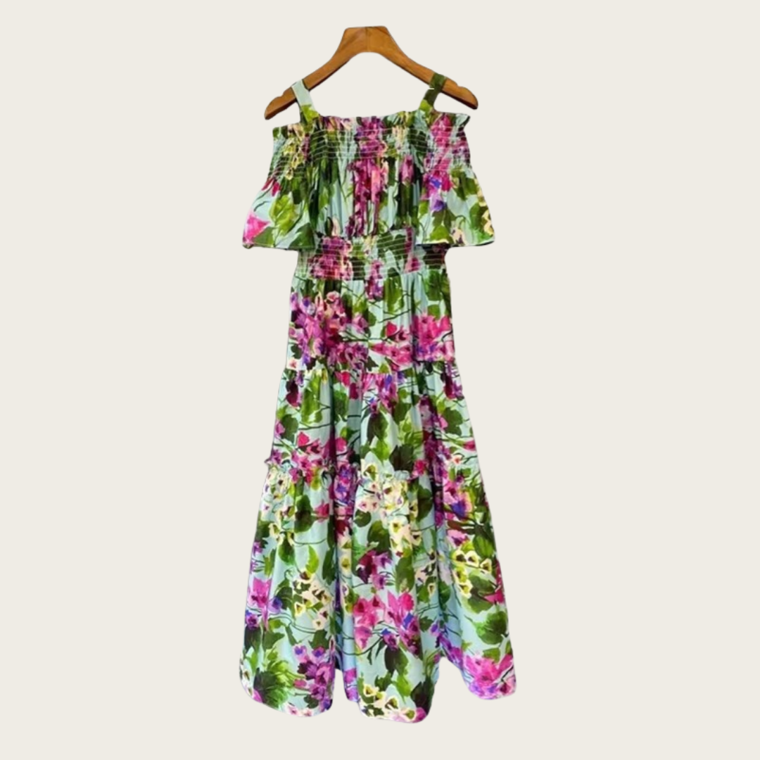 2024 Summer New Women's One-Shoulder Casual Dress Short-Sleeved Green Printing Breathable Large Size Dress