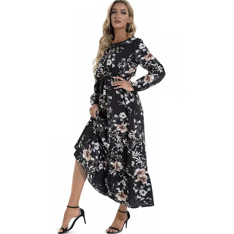 Women's Elegant Vintage Long-Sleeved Maxi Dress Floral Print round Neck Autumn and Winter Perfect Wrap Style