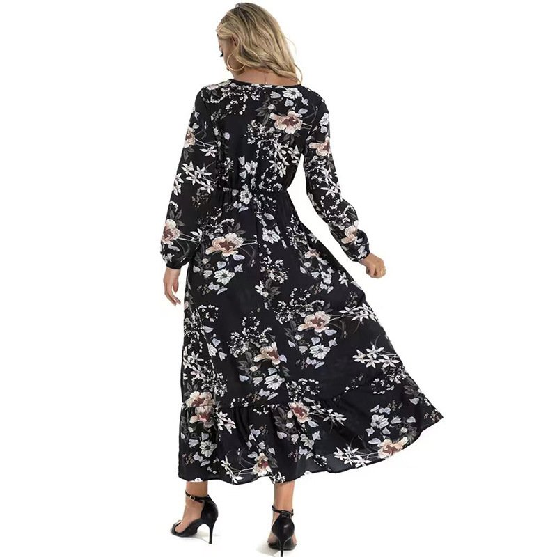 Women's Elegant Vintage Long-Sleeved Maxi Dress Floral Print round Neck Autumn and Winter Perfect Wrap Style